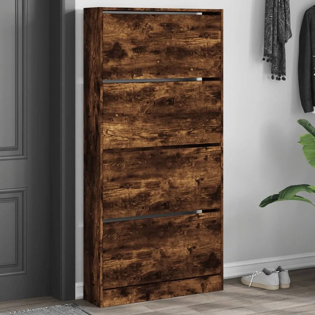 füstös tölgy cipőszekrény 4 kihajtható fiókkal 80x21x163,5 cm