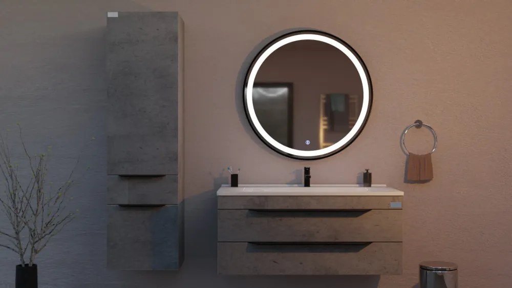 TMP IRON fürdőszobai tükör - FEKETE keret - kerek - LED világítással - 70 cm