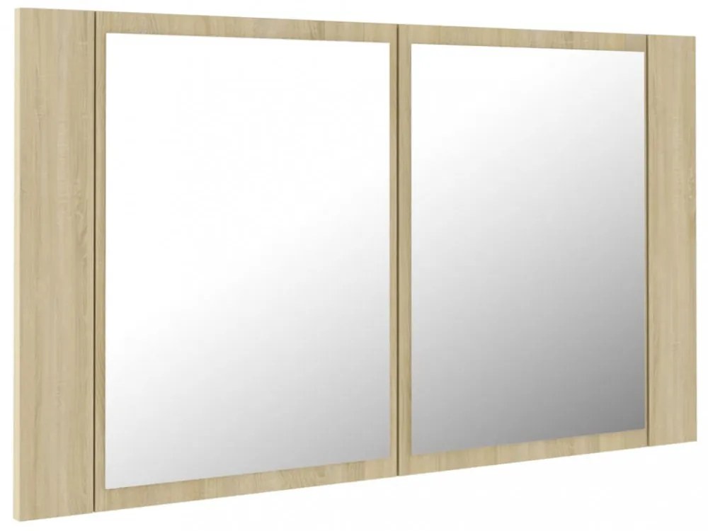 tölgyszínű akril LED-es tükrös fürdőszobaszekrény 80x12x45 cm
