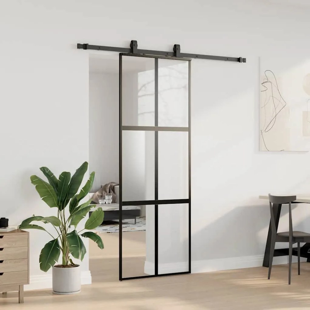 Fekete edzett üveg tolóajtó fémszerelék szettel 76x205 cm