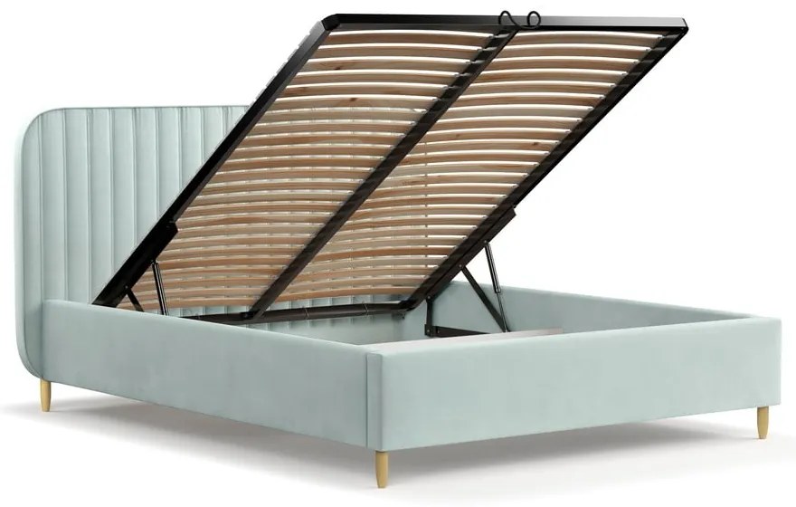 Mentazöld kárpitozott ágyneműtartós franciaágy ágyráccsal 140x200 cm Noto – Maison de Rêve