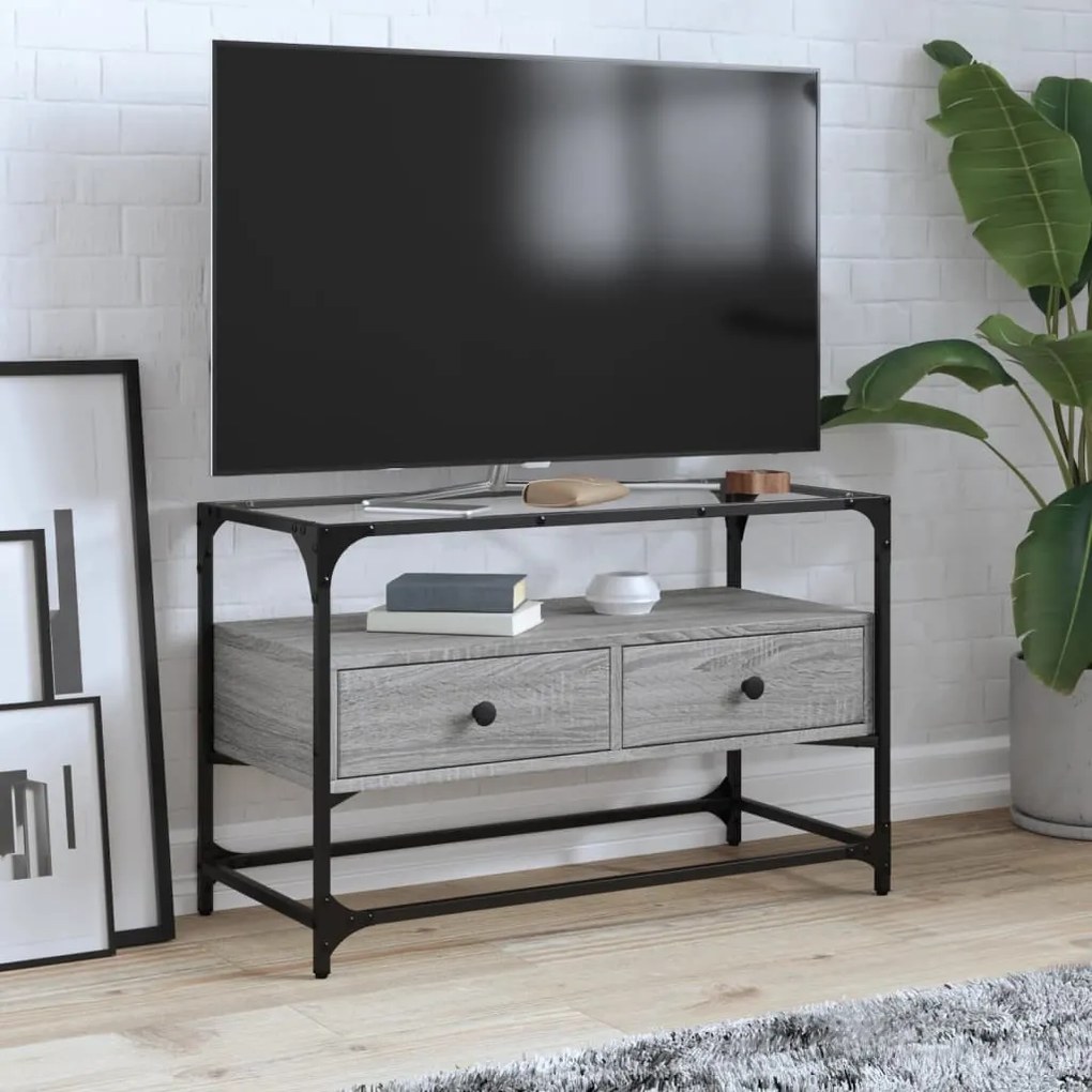 szürke sonoma szerelt fa TV-szekrény üveglappal 80 x 35 x 51 cm