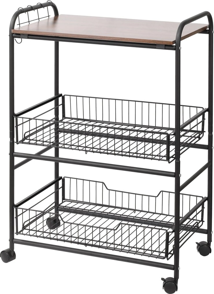HOMCOM 3 Szintes Konyhai Kocsi, Szolgáltató Kocsi, Görgős Tároló Kocsi 2 Kihúzható Kosárral, Polccal és Oldalsó Kampókkal, 60 x 38 x 85.5 cm, dió | Ao