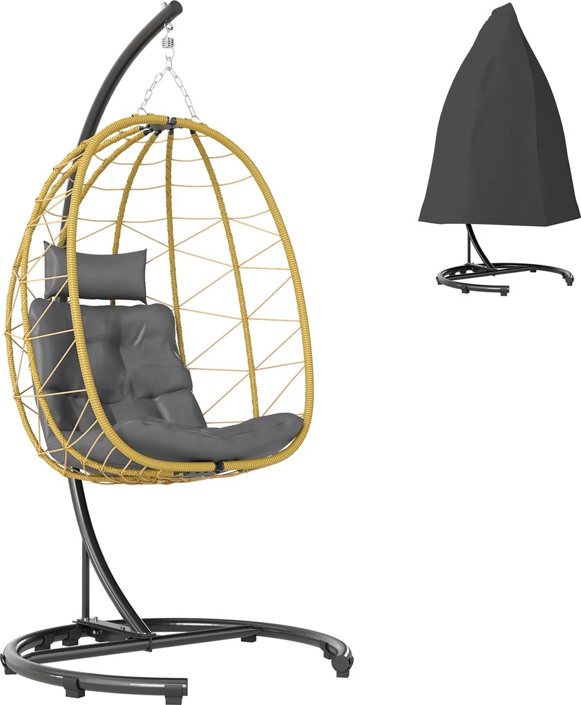 Outsunny Függőszék 150kg teherbírással, Összecsukható kosárral és párnákkal, Kerti Ringató Szék Acélból és PE Rattanból, 102x102x195 cm, Fekete, Szürk