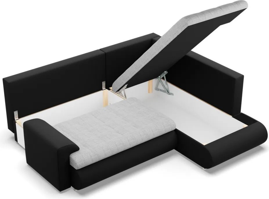 Tokio sarokkanapé, L alakú háttámlával, 2 ágyneműtartóval, fonott + műbőr, jobboldali, szürke - fekete