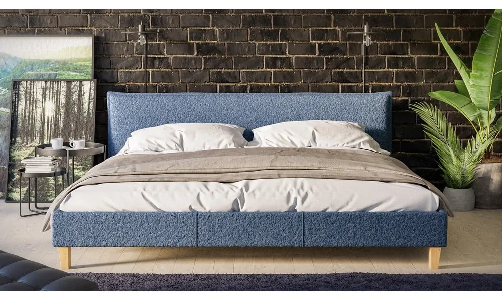 Kék kárpitozott franciaágy ágyráccsal 200x200 cm Tina – Ropez