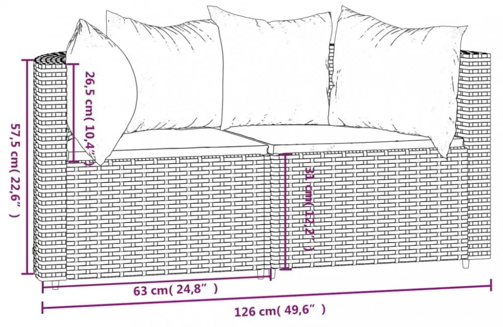 2 db barna polyrattan kerti sarokkanapé párnákkal