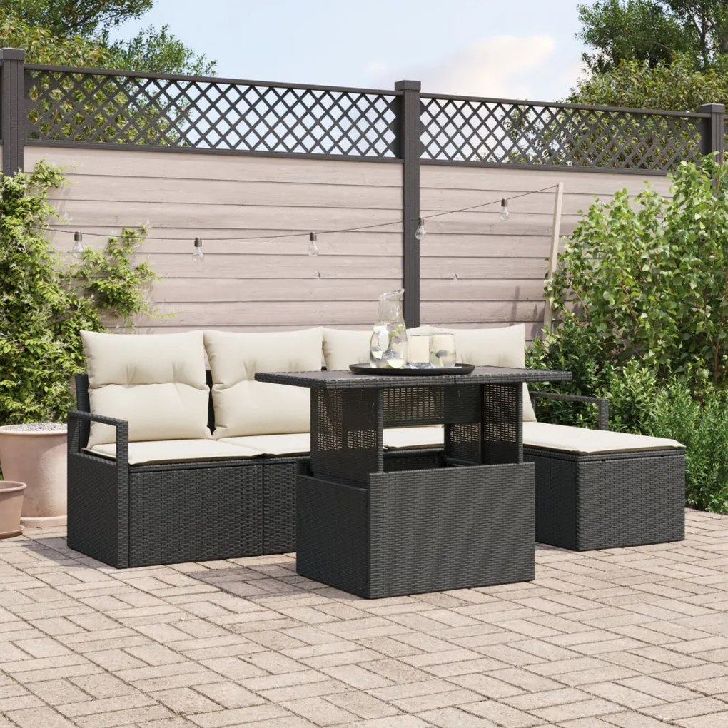 6 Részes Kerti Sofa Szett Párnákkal Fekete Poli Rattan, 2-Fős Kerti Sofa Tárolóval &amp; Párnákkal Fekete Poli Rattan