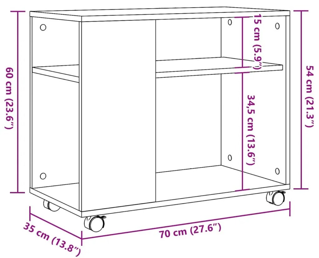 füstös tölgy színű szerelt fa kisasztal kerekekkel 70x35x60 cm