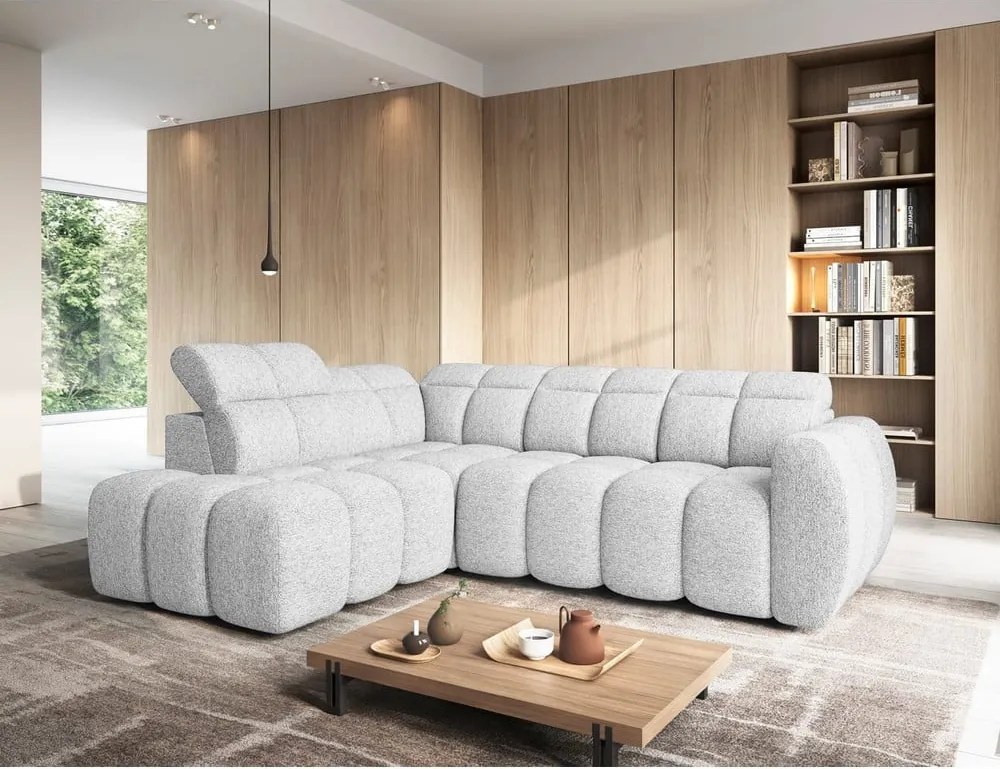 Világosszürke buklé kinyitható-tárolóhelyes sarokkanapé (bal oldali-L alakú) Falconn – ELTAP