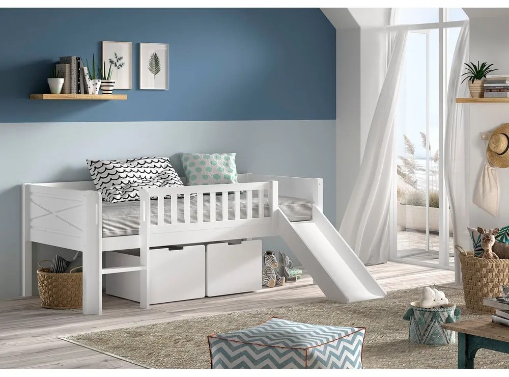 Fehér borovi fenyő ágyneműtartós galéria gyerekágy ágyráccsal 90x200 cm Scott – Vipack