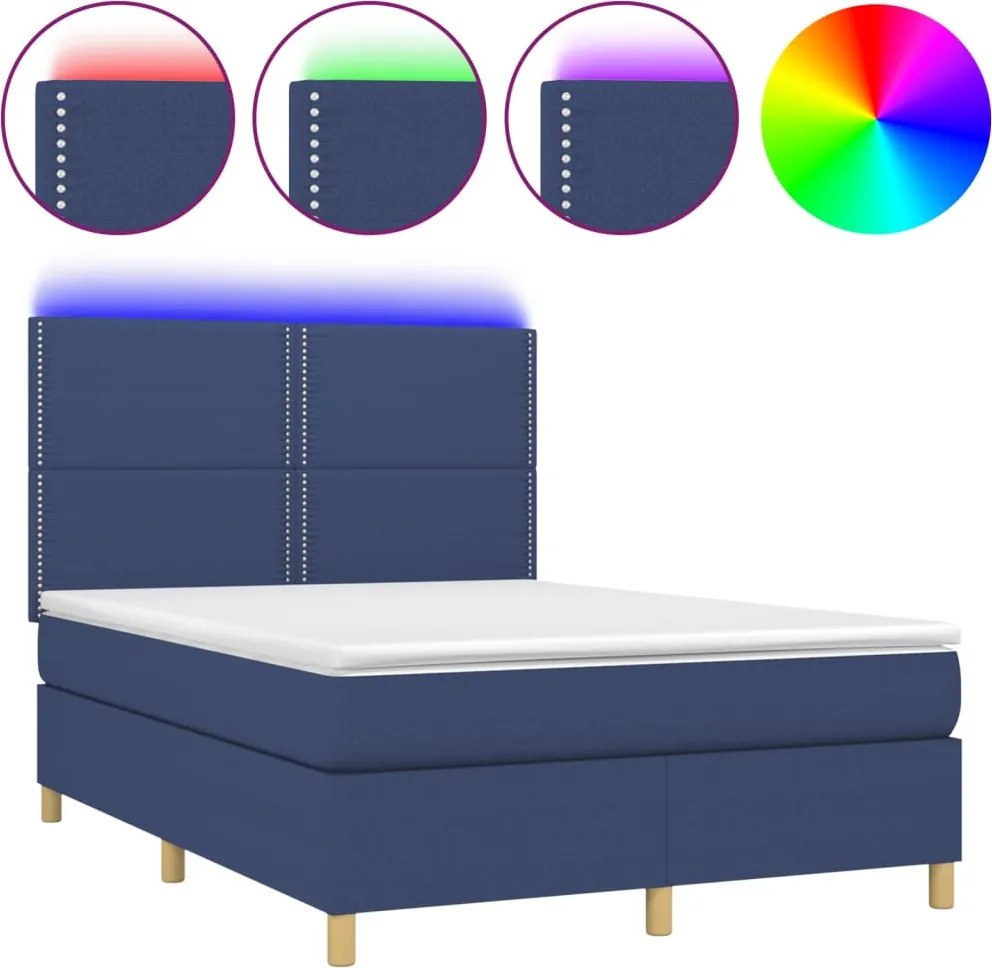 vidaXL kék szövet rugós és LED-es ágy matraccal 140x200 cm
