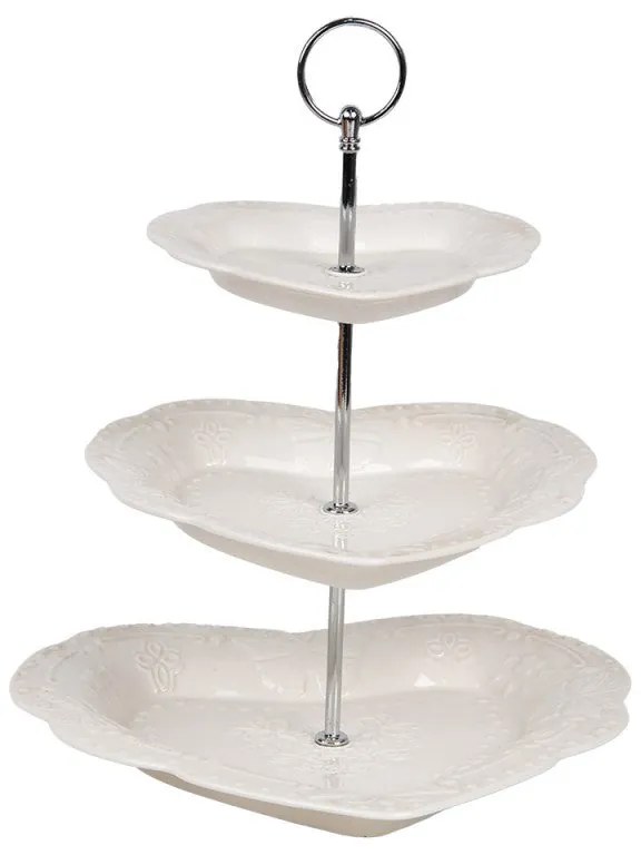 Fehér kerámia süteményes állvány 3 emeletes 26x31 cm szív formájú