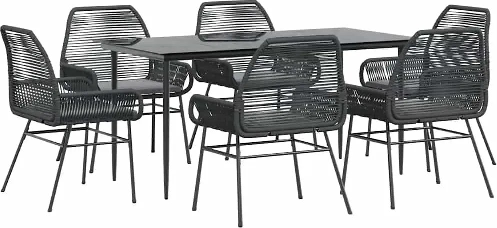 vidaXL 7 részes fekete polyrattan üveg kerti étkezőgarnitúra párnákkal