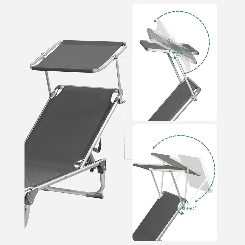 Napozóágy 55x193x31 cm, állítható napozóágy napellenzővel, füstszürke