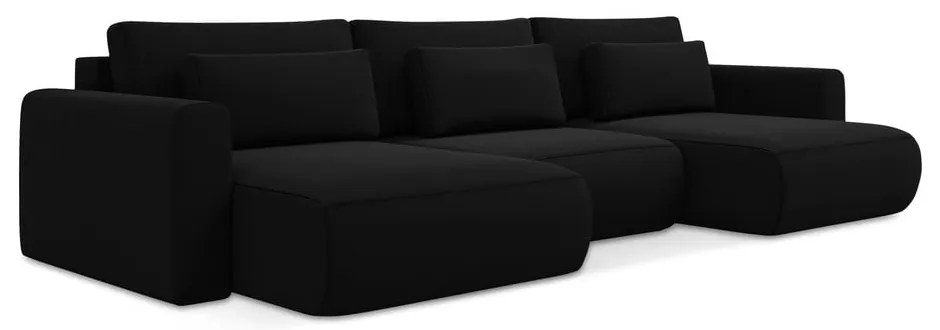 Fekete bársony kinyitható-tárolóhelyes (U alakú) sarokkanapé Kapua – Makamii