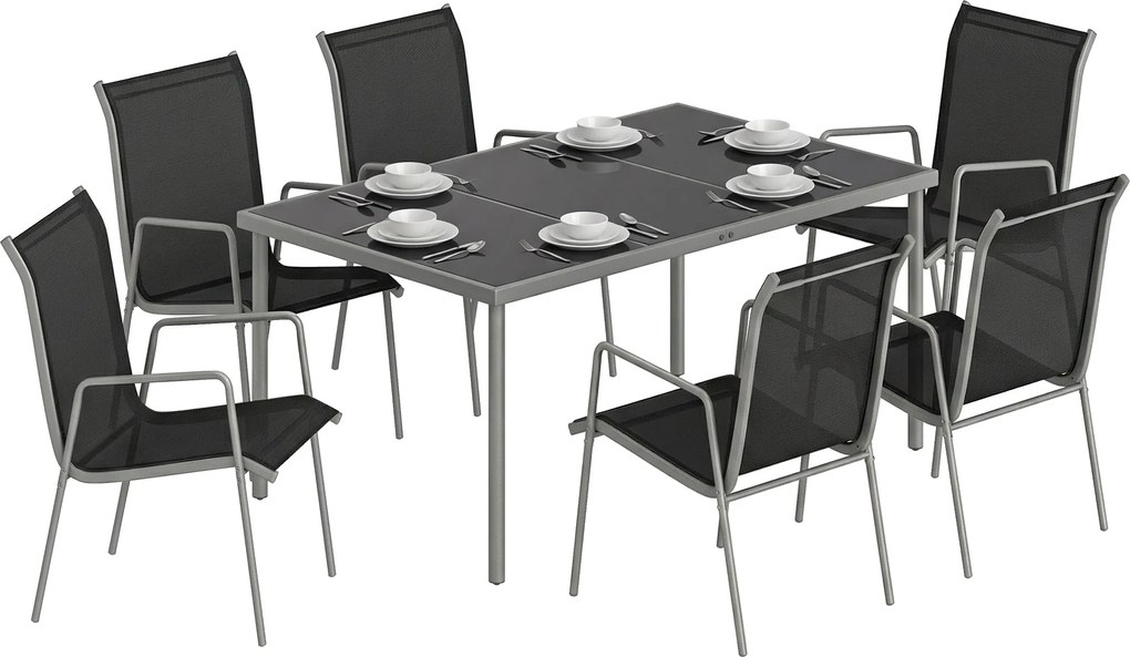 Outsunny 7 részes kültéri étkezőgarnitúra – edzett üveg asztal és 6 egymásra rakható, szellőző szék, időjárásálló porszórt váz | Aosom