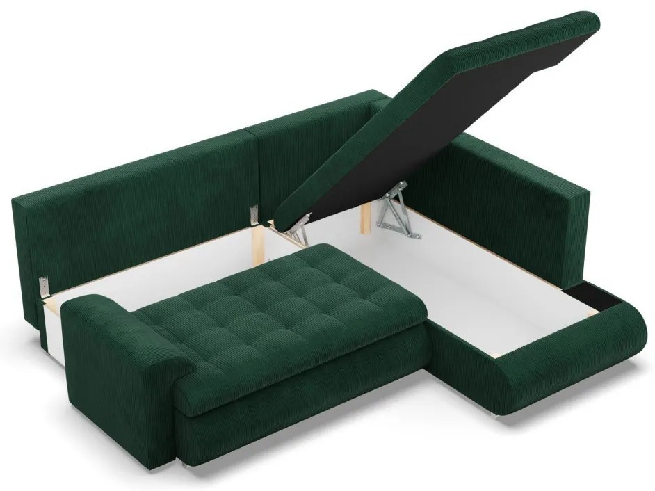 Tokio sarokkanapé, L alakú háttámlával, 2 ágyneműtartóval, kordbársony, jobboldali, zöld