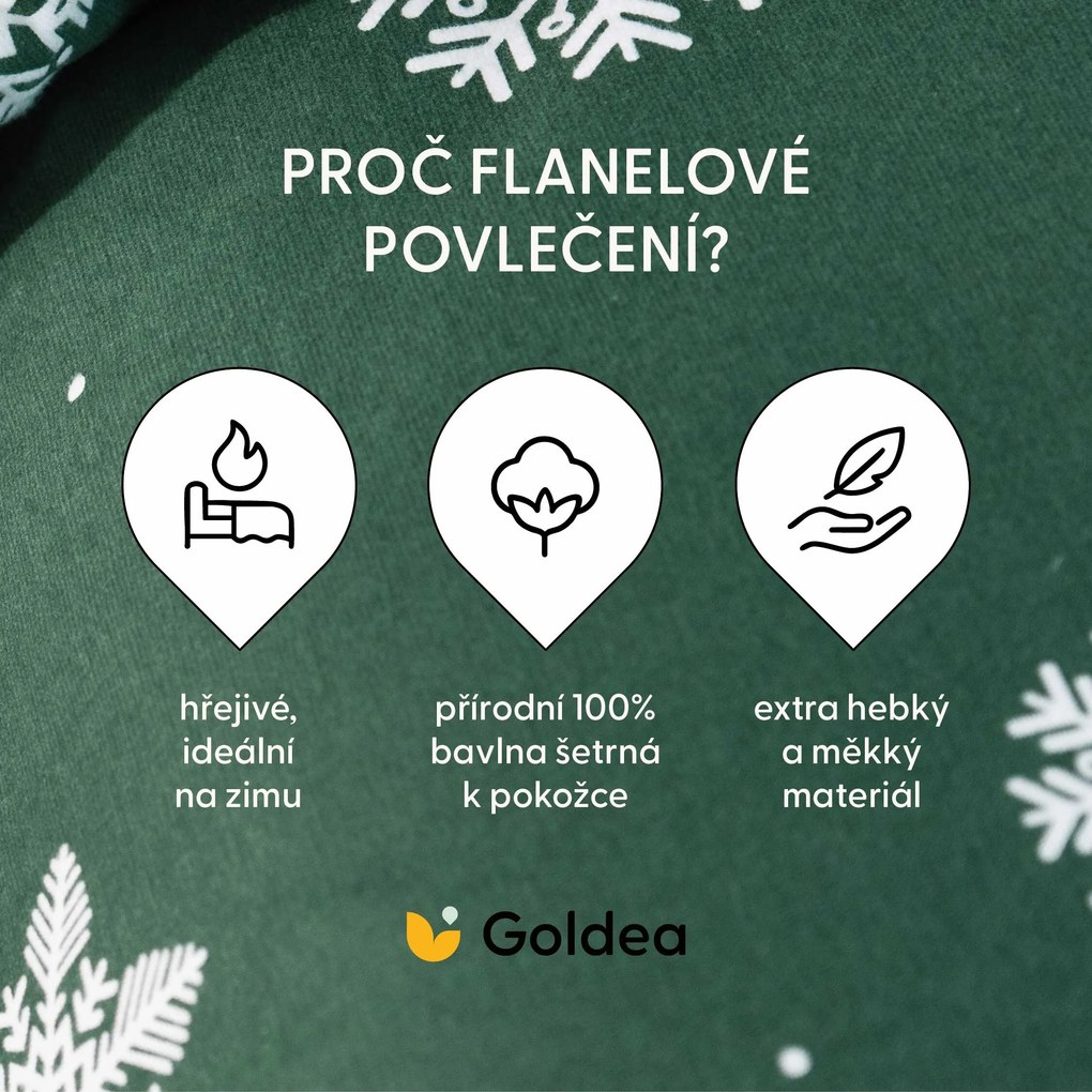 Goldea flanel ágyneműhuzat - hópelyhek zöld alapon 150 x 200 és 50 x 60 cm