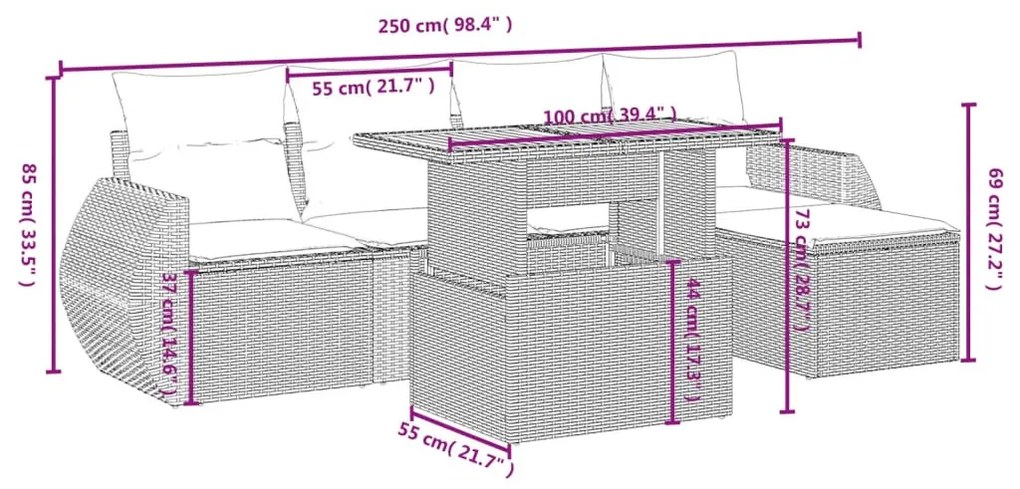 6 részes fekete polyrattan kerti ülőgarnitúra párnákkal