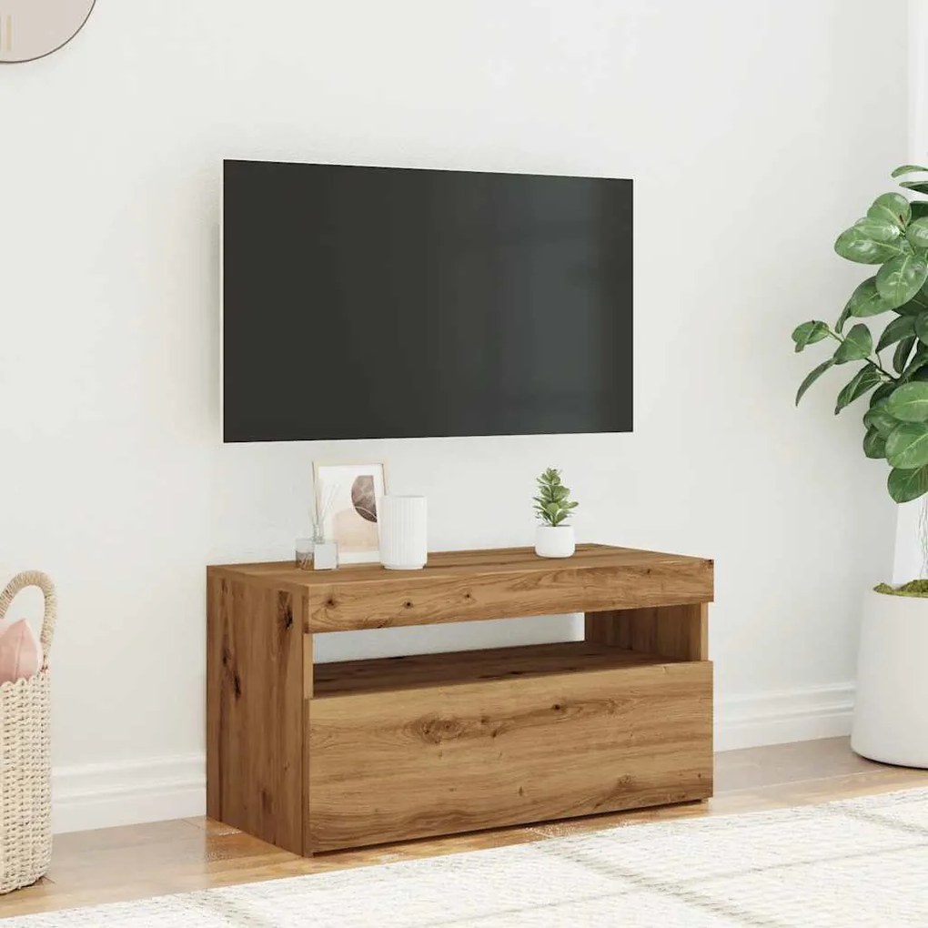 kézműves tölgy szerelt fa TV-szekrény LED-ekkel 75x35x40 cm