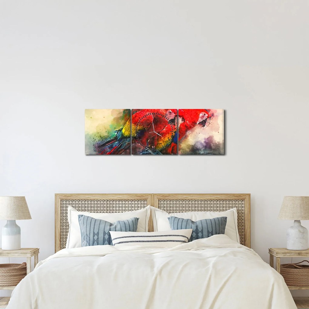 Vörös ara papagájok képe (órával) (90x30 cm)