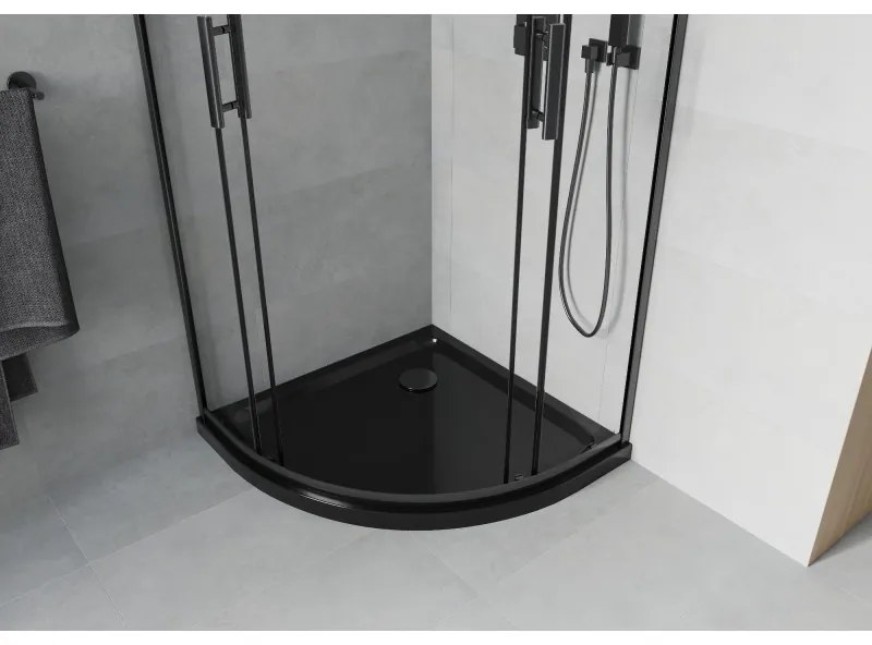 Mexen Rio, negyed kör alakú zuhanykabin tolóajtóval 90 x 90 cm, 5mm átlátszó üveg, fekete profil + fekete zuhanytálca, 863-090-090-70-00-4170B