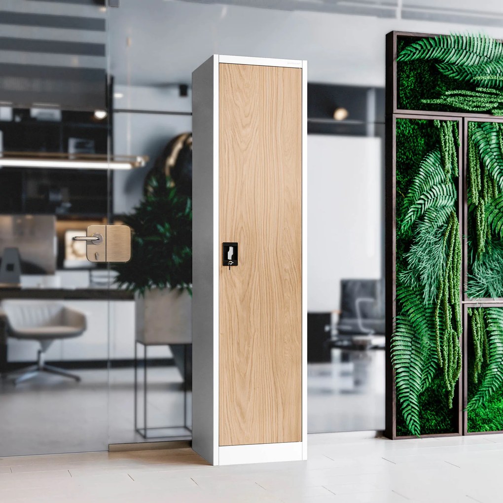 Fém irodai iratszekrény, fehér/sonoma tölgy, 450x1850x400 mm: ALEX Eco Design