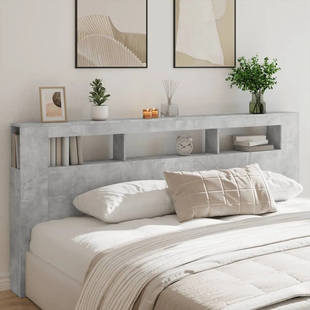 betonszürke szerelt fa LED-es fejtámla 220x18,5x103,5 cm