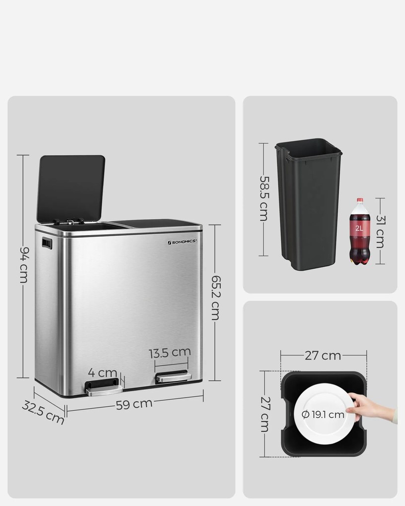 SORT hulladékgyűjtő tartály, 2x30l + hulladékgyűjtő zsákok, ezüst/fekete Vasagle