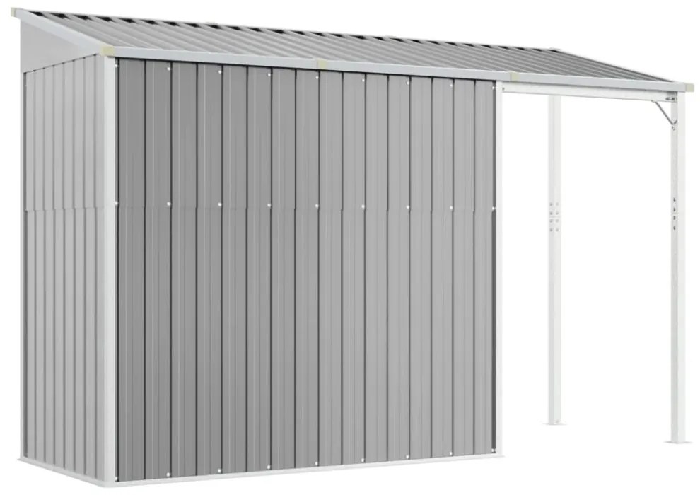 világosszürke acél kerti fészer meghosszabbított tetővel 277 x 107 x 181 cm