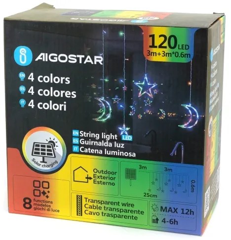 Aigostar - LED RGBY napelemes karácsonyi fényfüzér, 120 LED, 8 üzemmód, 3×0,6 m, 500 mAh, IP65