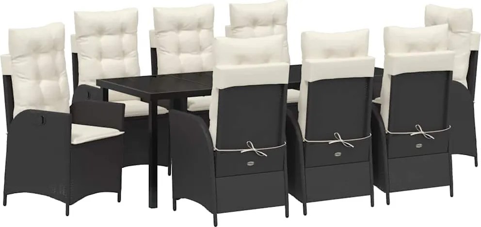 vidaXL Kert étkező szett párnával 9 pcs Fekete polirattan