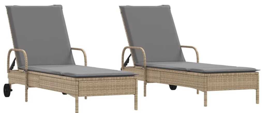 2 db bézs polyrattan napozóágy párnával