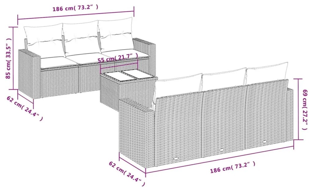 7 részes fekete polyrattan kerti ülőgarnitúra párnával