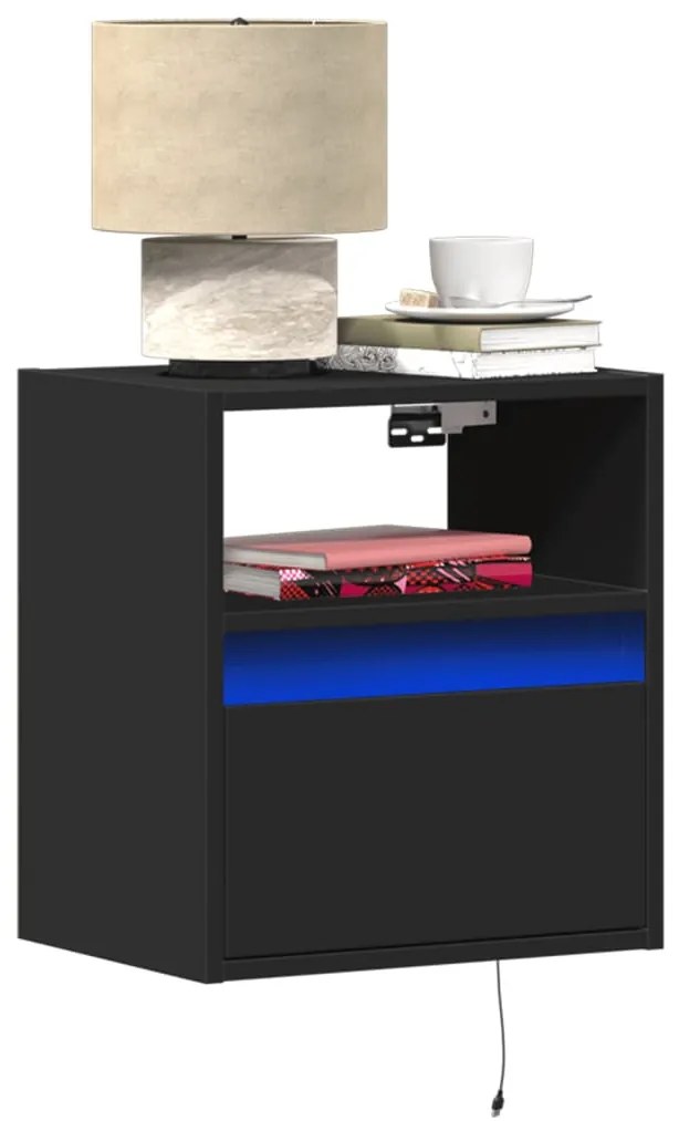 fekete falra szerelhető éjjeliszekrény LED-világítással