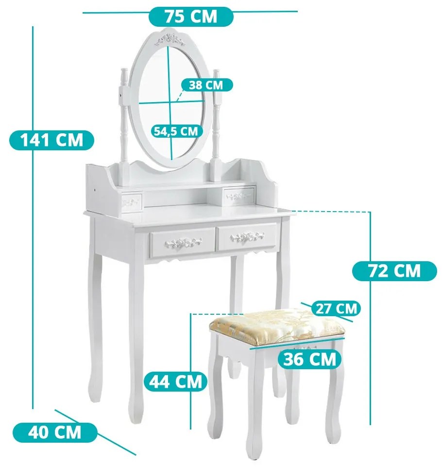 Tükrös fésülködő asztal székkel, Rome több színben-fehér