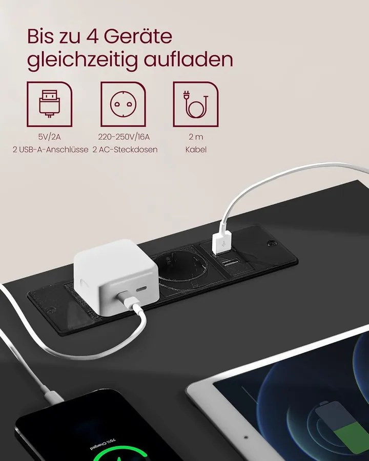 VASAGLE éjjeliszekrény, töltőfunkciós lerakóasztal, tintafekete–kapucsínó bézs