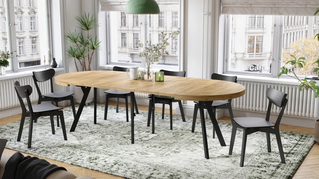 Mazzoni EXPANSO Arany Tölgy/fekete lábak - LOFT/IPARI STÍLUSÚ 310 cm-re BŐVÍTHETŐ NAGY KEREK ASZTAL Ø110 Y LÁBAKKAL