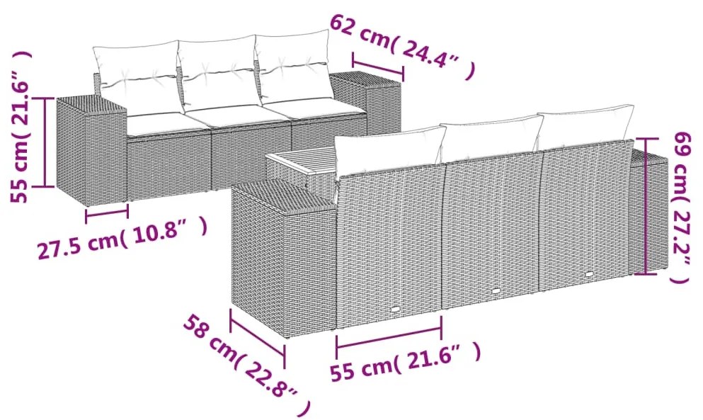 7 részes fekete polyrattan kerti ülőgarnitúra párnával