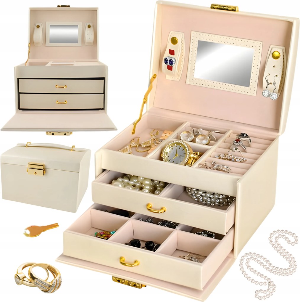 Ékszerdoboz Kulcstartó Táska Tükör Fiókok Bézs