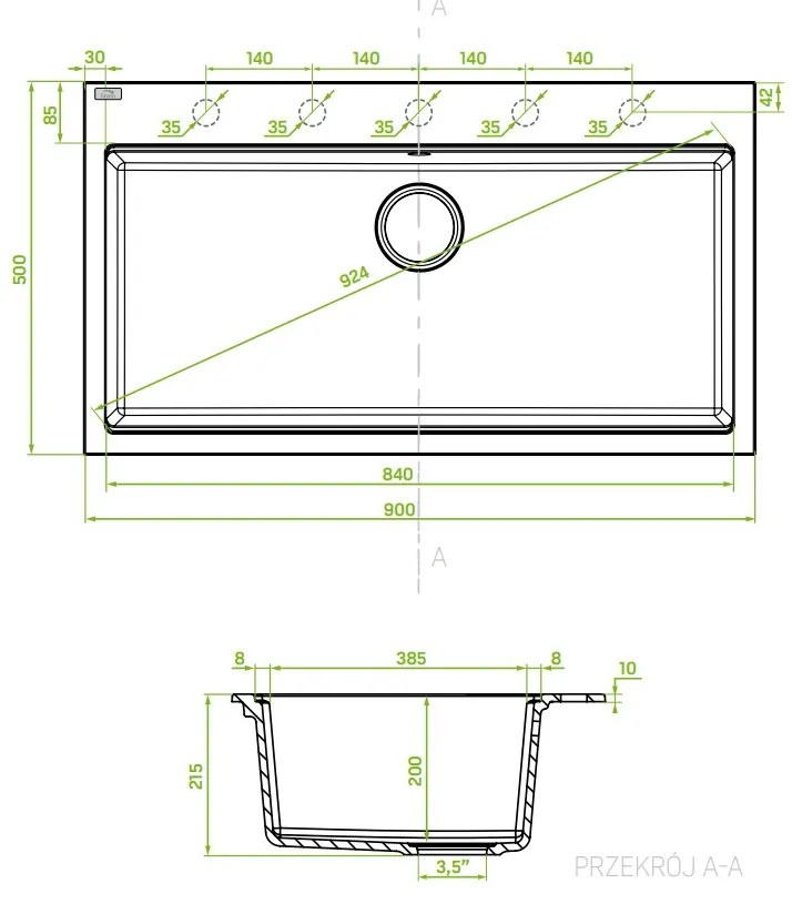 Laveo Tau, 1 kamrás gránit mosogató 900x500x215 mm, szürke, LAV-SBT_5109