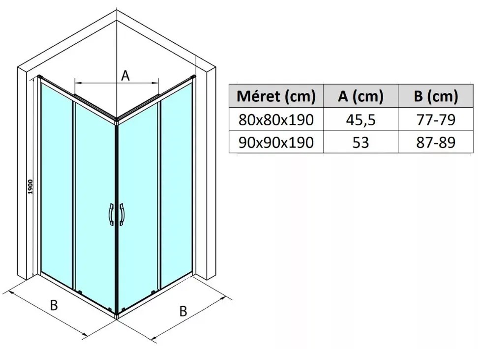 Elio 80x80 cm szögletes két tolóajtós zuhanykabin 6 mm vastag vízlepergető biztonsági üveggel, króm elemekkel, 190 cm magas