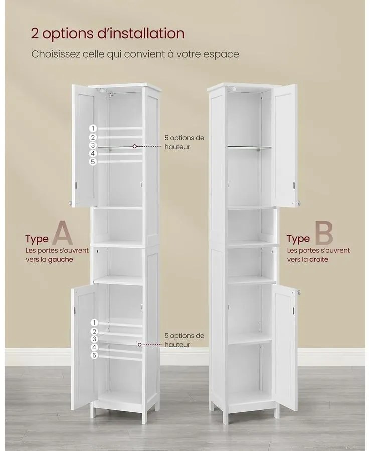 Magas és keskeny fürdőszobai szekrény világításal 170x30x30 fehér színben