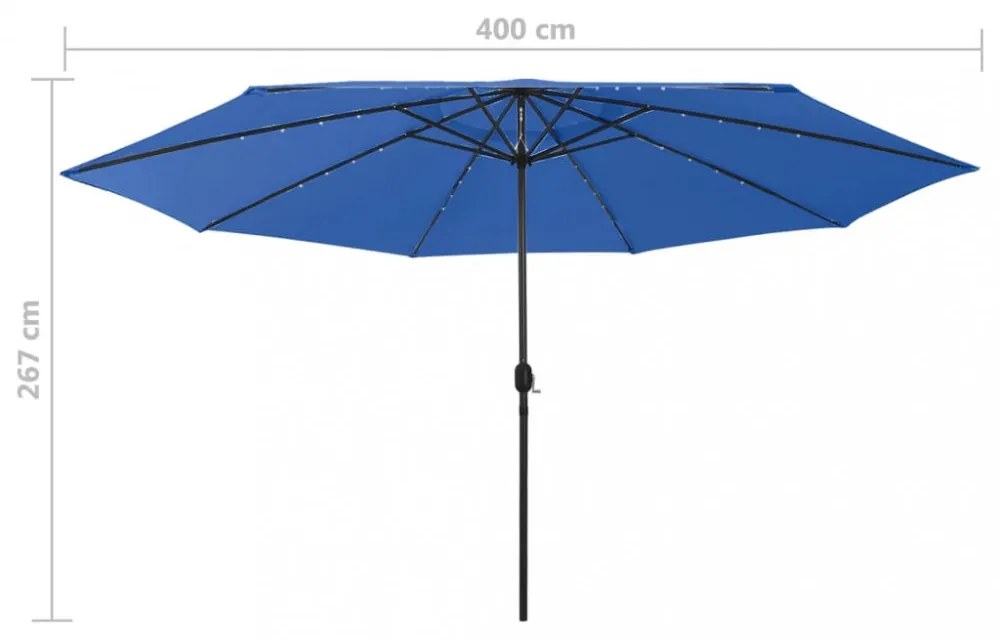 azúrkék kültéri napernyő LED-fényekkel és fémrúddal 400 cm