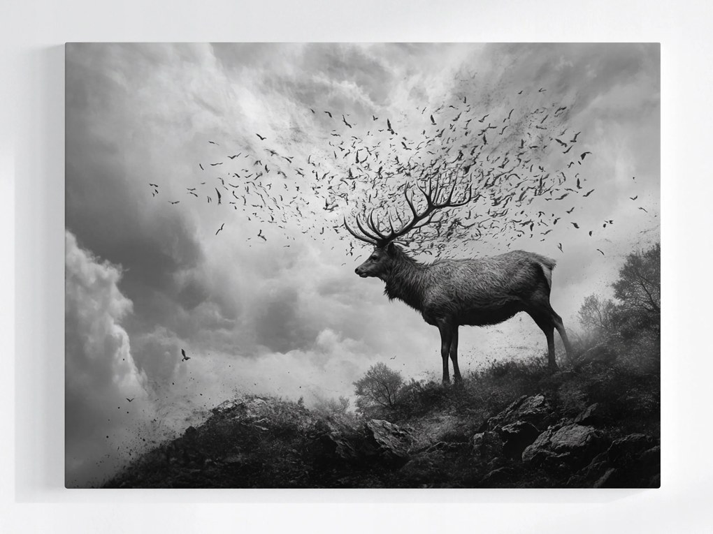 Vászonkép Canvas Absztrakt Természet Szarvas Madarak Szürke Hegyek 100x75