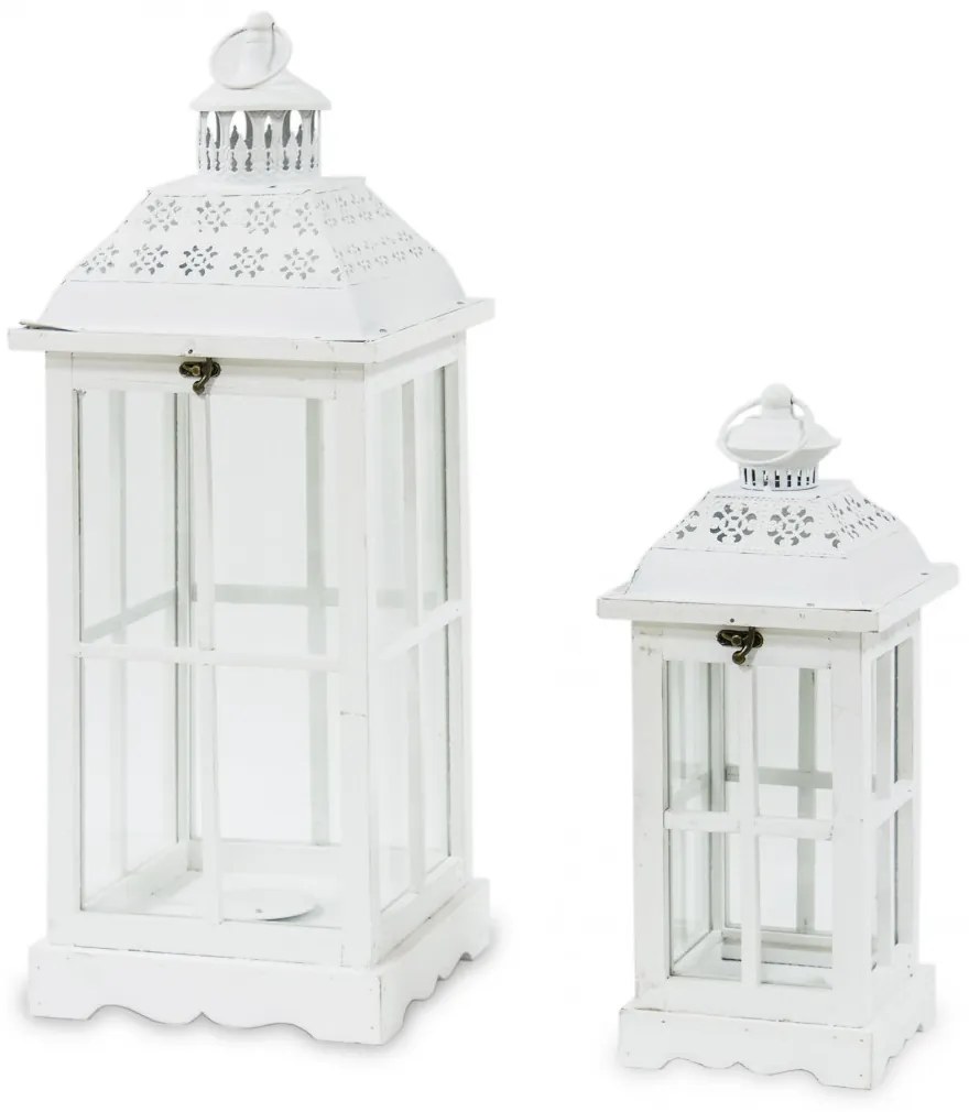 Vintage fehérre koptatott fa mécsestartó üvegezett lámpás lantern 2db-os szett fém tetővel 62x25x25 / 40x17x17cm