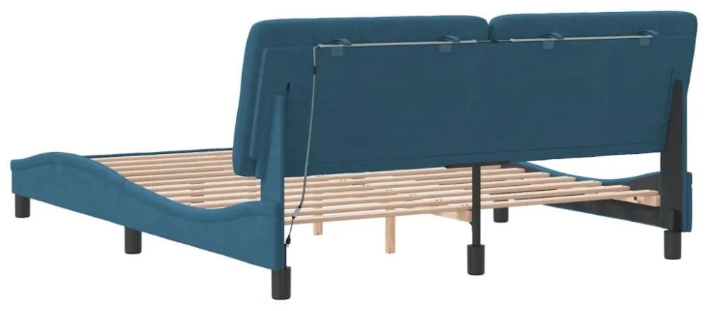 kék bársony ágykeret LED-ekkel matrac nélkül 160 x 200 cm