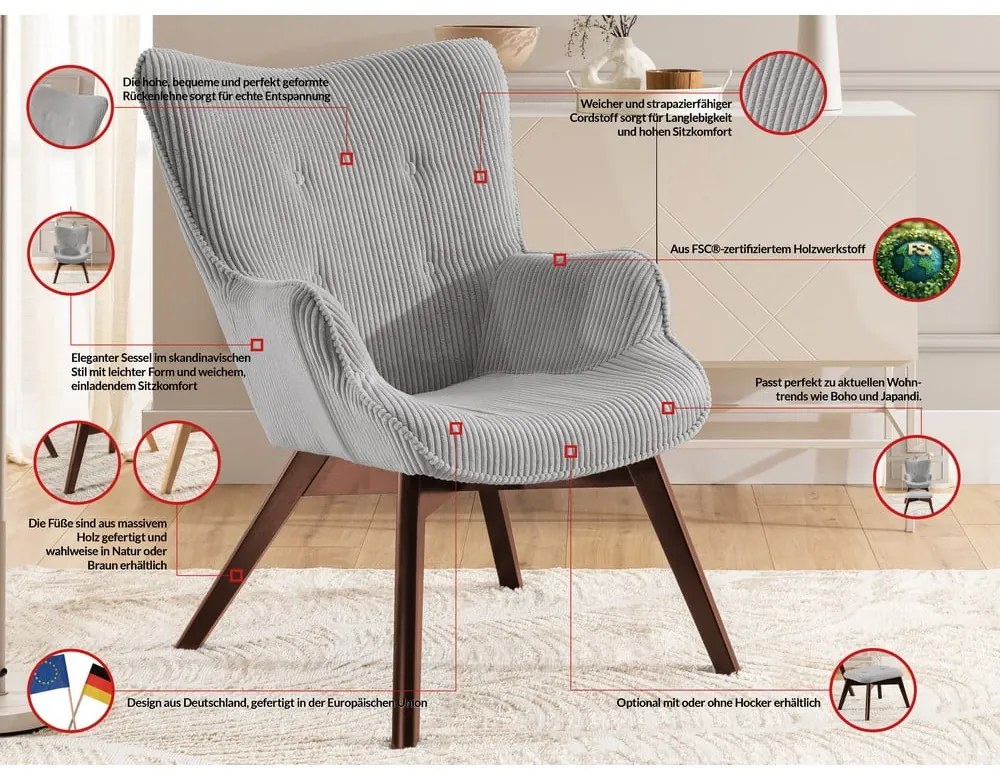 Szürke kordbársony fotel Niko – Ropez