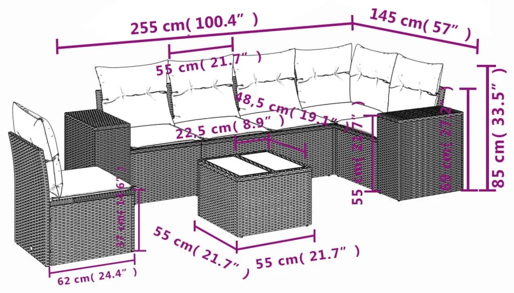 7 részes barna polyrattan kerti ülőgarnitúra párnákkal